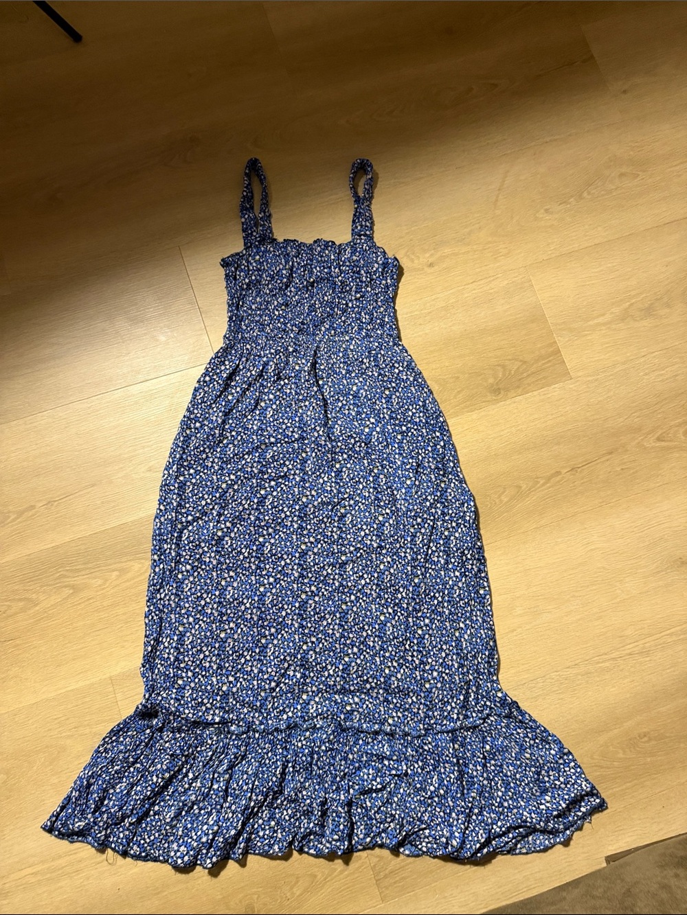 Blue Floral Smocked Midi Dress with Ruffle Hem